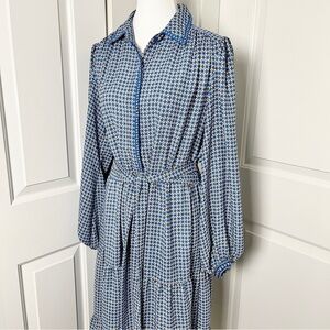 Max Studio Blue & White Mosaic Print Tiered Long Sleeve Midi Dress Tie Belt, M